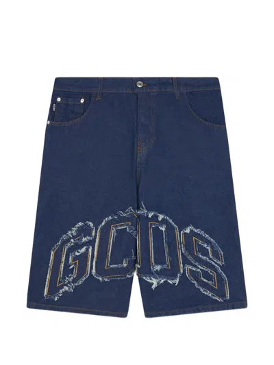 Gcds Frayed Logo-patch Shorts In Blue