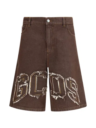 Gcds Frayed Logo-patch Shorts In Brown