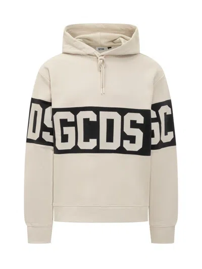 Gcds Beige Hoodie With Black Logo In White