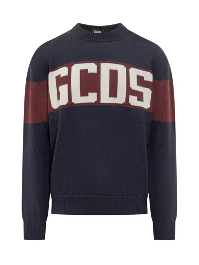 Gcds Blue And Bordeaux Sweater With Logo