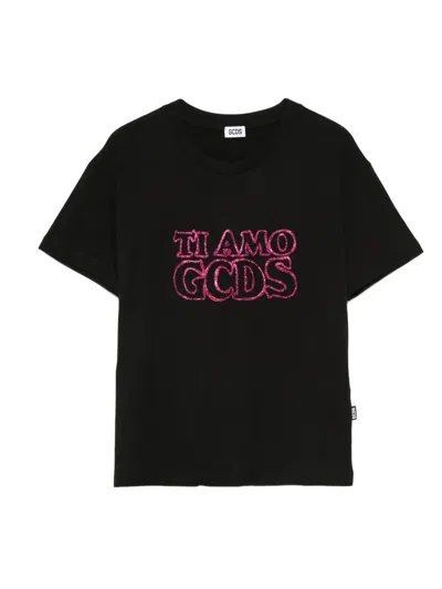 Gcds Glitter-embellished Cotton T-shirt In Black