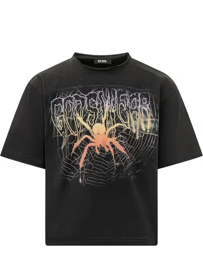 Gcds Gothic Loose Cropped T-shirt In Black
