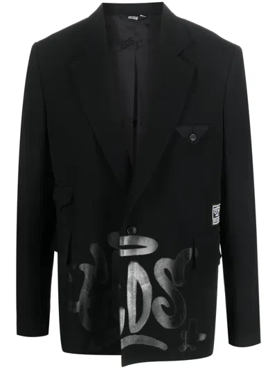 Gcds Graffiti-print Silk Blazer In Black