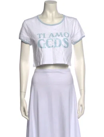 Pre-owned Gcds Graphic Print Scoop Neck Crop Top In White
