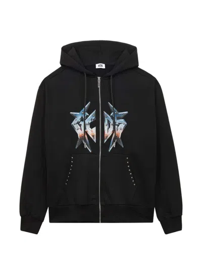 Gcds Graphic Print Sweatshirt With Zip And Hood In Black