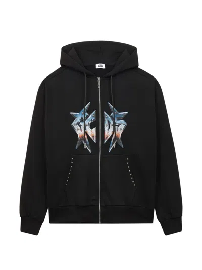 Gcds Graphic-print Zip-up Cotton Hoodie In Black