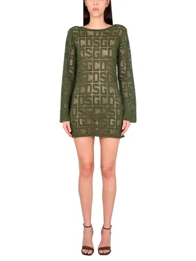 Gcds Green Logo Boat Neck Mini Dress In Blue