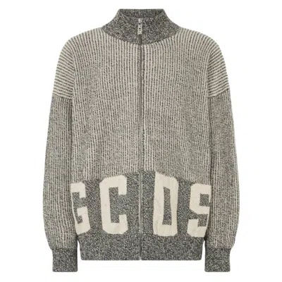 Gcds Grey Ribbed Logo Full Zip Cardigan