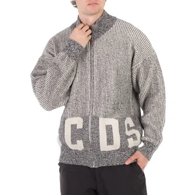 GCDS GREY RIBBED LOGO FULL ZIP CARDIGAN