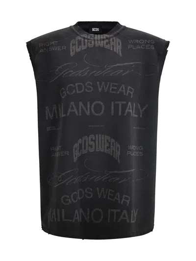 Gcds History Sleeveless Sweatshirt In Cotton With All-over History Print In Black