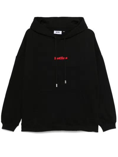 Gcds Hotline-embroidered Hoodie In Black