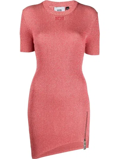 Gcds Knitted Lurex Mini Dress In Coral