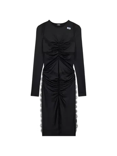 Gcds Lace-insert Ruched Midi Dress In Black