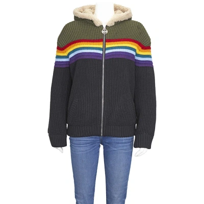 Gcds Ladies Sherpa Lined Rooded Rainbow Sweater In Black