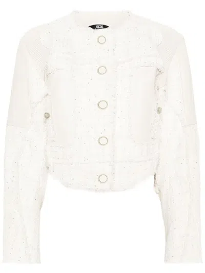 Gcds Leather-panel Tweed Jacket In White