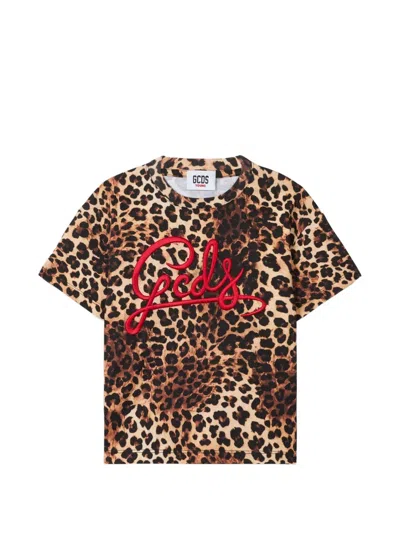 Gcds Kids' Leopard-print Embroidered T-shirt In Brown