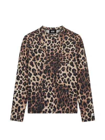 Gcds Leopard-print Waffle-knit T-shirt In Brown