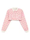 Gcds Logo-check Cropped Polo Top In Pink