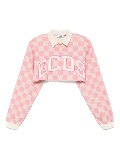 Gcds Logo-check Cropped Polo Top In Pink