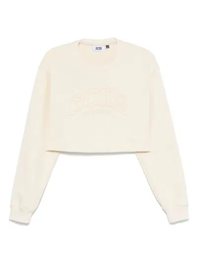 Gcds Logo Cropped Sweatshirt In Beige