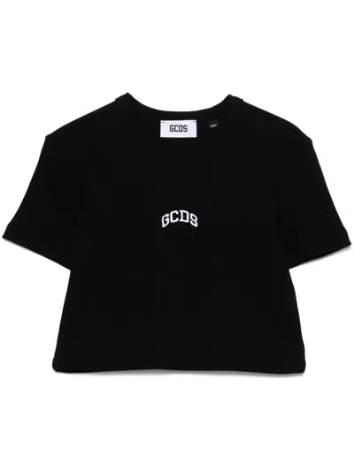 Gcds Logo-embroidered Cropped T-shirt In Black