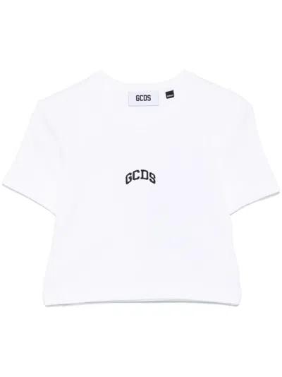 Gcds Logo-embroidered Cropped T-shirt In White