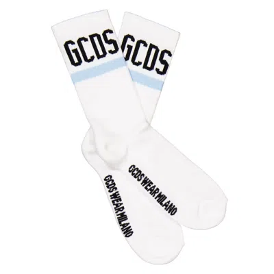 Gcds Logo-embroidered Ribbed Socks In Blue In White