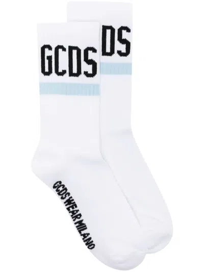 Gcds Logo-embroidered Ribbed Socks In White