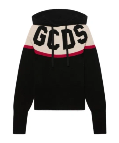 Gcds Logo Knit Cropped Hoodie In Black