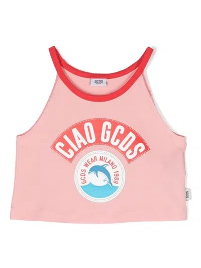 Gcds Kids' Logo-print Cotton Tank Top In Pink
