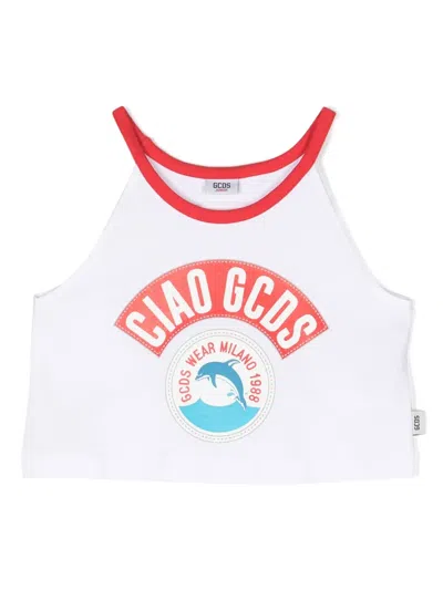 Gcds Kids' Logo-print Cotton Tank Top In White