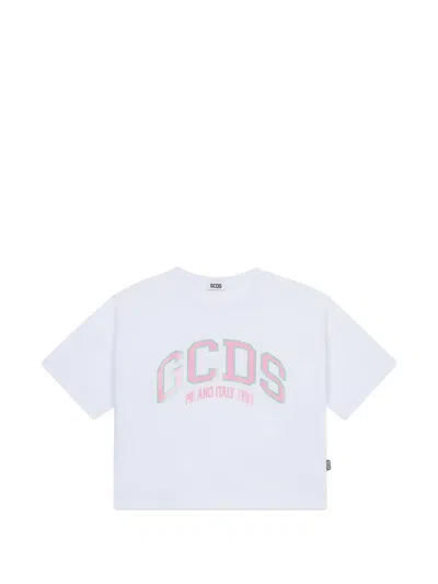 Gcds Kids' Logo-print Cropped T-shirt In White
