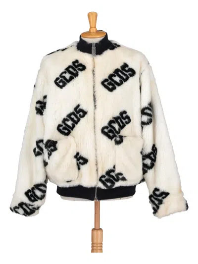 Pre-owned Gcds Logo-print Faux-fur Bomber Jacket In White