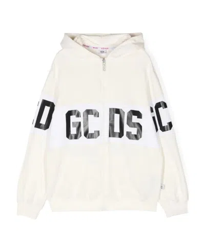 Gcds Logo-print Zipped Hoodie In White