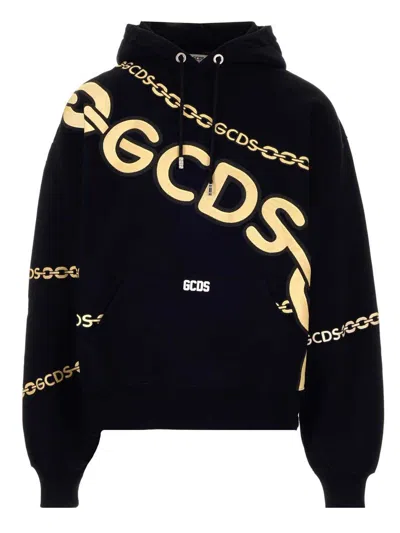 GCDS LOGO PRINTED HOODIE IN BLACK AND YELLOW