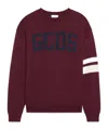 Gcds Bordeaux Knit Sweater With Navy Logo And Striped Sleeves In Burgundy