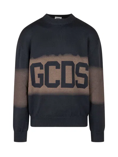 Gcds Logo Spray Crewneck Sweatshirt In Dark Blue/brown