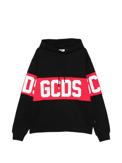 Gcds Logo Stripe Hooded Sweater Long Sleeves In Black