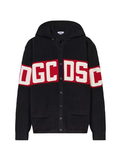 Gcds Logo-band Ribbed-knit Hoodie In Blue