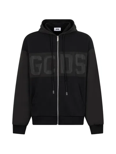 Gcds Logo-detail Zip-up Cotton Hoodie In Black