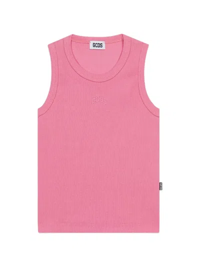 Gcds Kids' Logo-embroidered Fine-ribbed Tank Top In Pink