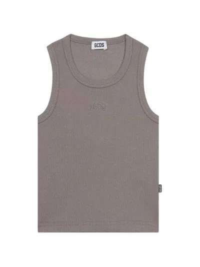 Gcds Kids' Logo-embroidered Ribbed Lounge Tank Top In Gray
