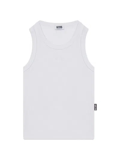 Gcds Kids' Logo-embroidered Ribbed Lounge Tank Top In White