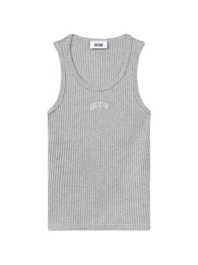 Gcds Logo-embroidered Ribbed-knit Tank Top In Gray