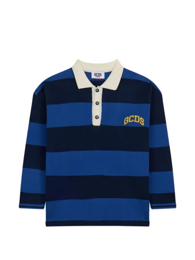 Gcds Kids' Logo-embroidered Striped Polo Shirt In Blue