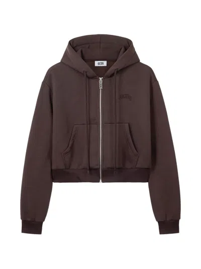 Gcds Logo-embroidered Zip-up Hoodie In Brown