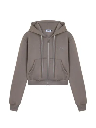 Gcds Logo-embroidered Zip-up Hoodie In Brown