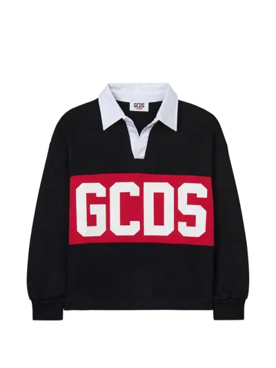 Gcds Kids' Logo-print Long-sleeve Polo Shirt In Black