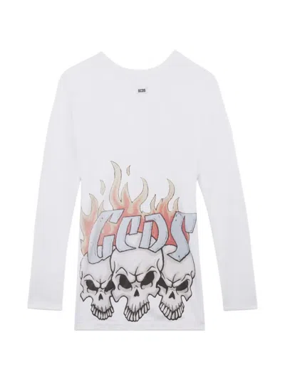 Gcds Long-sleeve Graphic-print Mini Dress In White