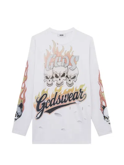 Gcds Skull Flame Long Sleeve Graphic T Shirt In White